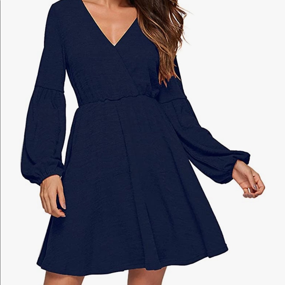 Faux Wrap Lantern Long Sleeve Dress
